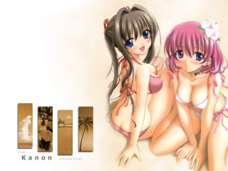 Anime girls beach bikini pink - a palm tree in the background free wallpaper