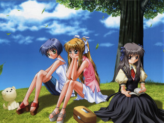 Anime girls sitting grass suitcase - three anime girl free wallpaper