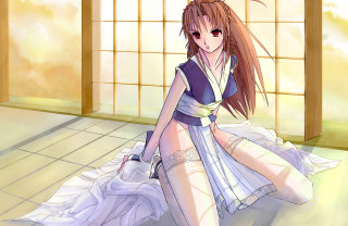 Woman dress sitting suitcase window - half free wallpaper