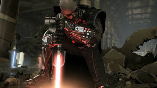 Man kneeling lightsaber dark room - a light saber free wallpaper