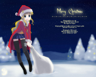 Girl red coat holding presents - a merry christmas free wallpaper