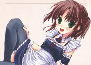 Green eyed girl white apron - blue skirt free wallpaper