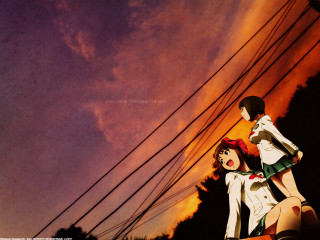 Anime couple sunset wires school - the background and a sunset in the background free wallpaper