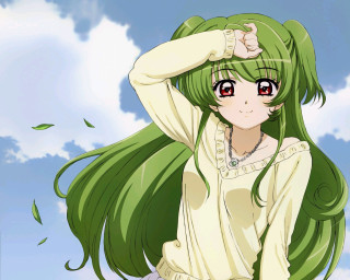 Green haired girl red eyes - anime free wallpaper