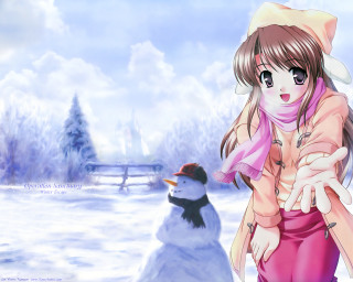 Girl pink dress snowman trees - net art free wallpaper