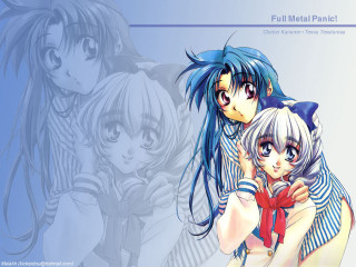 Anime girls hug blue background - a blue border free wallpaper