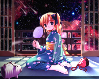 Girl kimono bed pinkball purplebag - space art free wallpaper