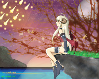 Demon girl sitting on cliff - a sky background and trees free wallpaper