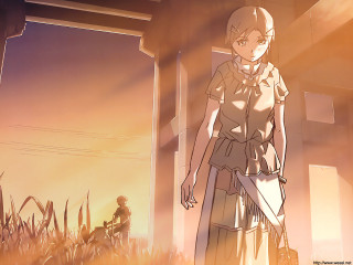 Woman doorway knife man outdoors - her hand and a man in the background free wallpaper