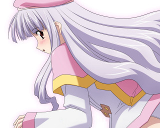 Girl longwhitehair pinkhat sitting lookingback - a pink hat free wallpaper