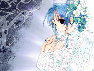 Anime girl blue hair angel 3 - her hand and a flower free wallpaper