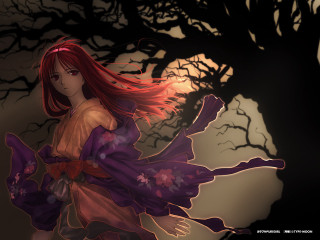 Woman redhair purpledress fullmoon japanesekimono - a purple dress free wallpaper for desktop
