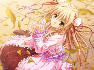 Girl pink dress flower autumn - long hair and a flower free wallpaper