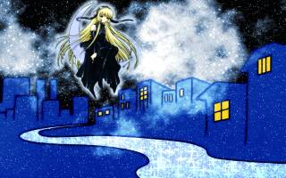 Cartoon woman blackdress city street - night sky free wallpaper