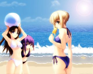 Beach anime girls sun bikini - three anime girl free wallpaper for desktop
