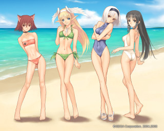 Three anime girls beach ocean - the picture free wallpaper for desktop