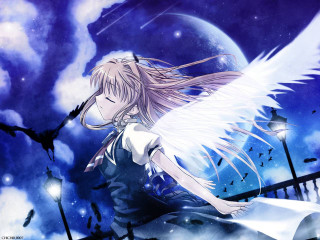 White hair angel wings full 2 - a full moon behind her free wallpaper