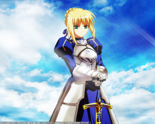 Blue armor saber blonde sky - outfit holding free wallpaper