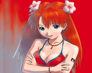 Red bikini anime woman flower - her hair and a necklace free wallpaper