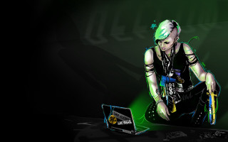 Woman green hair laptop green - cyberpunk style free wallpaper
