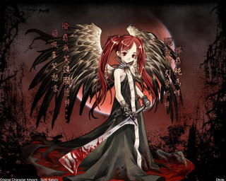 Red haired girl wings katana - a sword in front free wallpaper for desktop