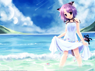 Girl white dress ocean cat 2 - her head and a cat tail free wallpaper