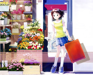Girl suitcase flower shop anime - photorealism free wallpaper for desktop