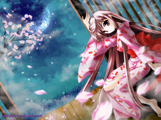 Kimono woman pinkflowers fullmoon anime - a woman in a kimono free wallpaper