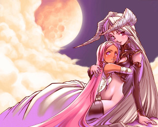 Full moon hugging anime girls 2 - a full moon sky free wallpaper