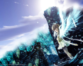 Girl sword wave sky castle - white cloud free wallpaper