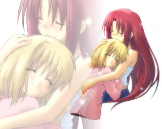 Anime girls hugging family smile - one girl free wallpaper