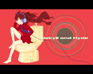 Woman sitting headphones red background - a toilet free wallpaper