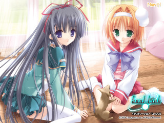 Anime girls cat sitting school - a window behind them free wallpaper