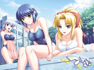Three anime girls pool bathing 2 - suit free wallpaper for desktop