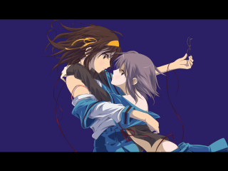 Anime couple hug purple background - a blue sky behind them free wallpaper for desktop