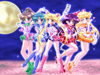 Anime girls beach night fullmoon - a group of anime girls free wallpaper