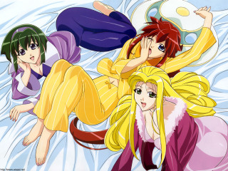 Three anime girls bed holding 2 - a ball free wallpaper