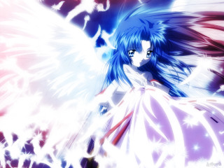 Angelic bluehaired girl wings starred - a dress free wallpaper