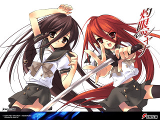 Anime girls swords pointing long - their back free wallpaper