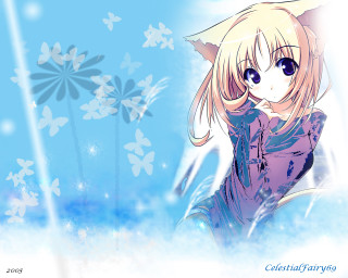 Anime girl blonde ears butterfly - white star free wallpaper