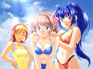 Three anime girls bikinis clouds - bikinis free wallpaper