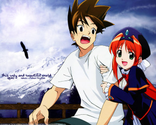 Mountain ledge anime neo romanticism - a man and a woman free wallpaper