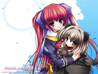 Anime girls hugging moon blue - a blue sky behind them free wallpaper