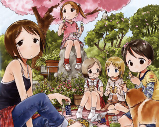 Park picnic girls dog cherry - official art free wallpaper for desktop