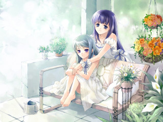Anime girls bench flower ivy - a bench next free wallpaper