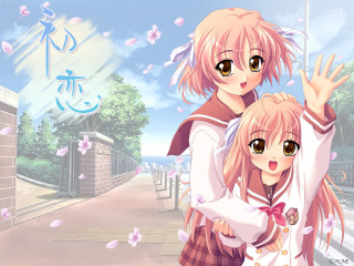 Anime girls gate trees flower - two anime girl free wallpaper