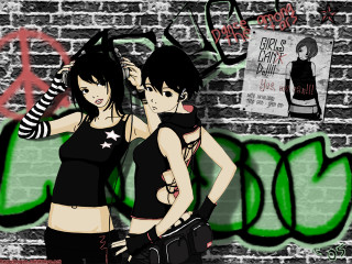Two girls brick wall graffiti - punk art free wallpaper