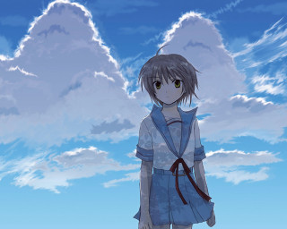 Girl cloudy sky blue dress - a red ribbon free wallpaper for desktop