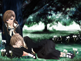 Anime girls forest hugging sleeping - the ground in a forest free wallpaper