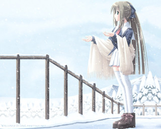 Girl snowy bridge outstretched arms - the air free wallpaper